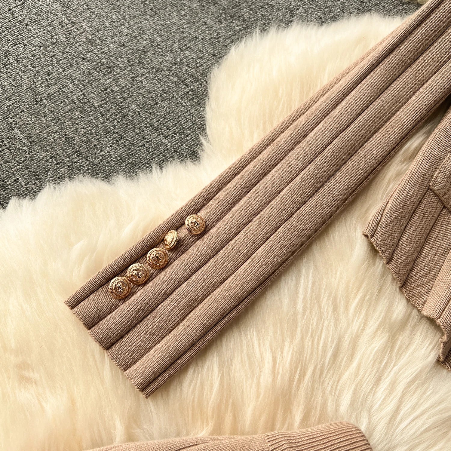 Knitted Metal Button Vest+V Neck Long Sleeves Cardigans+Wide Legs Pants Stripe Three Pieces Sets