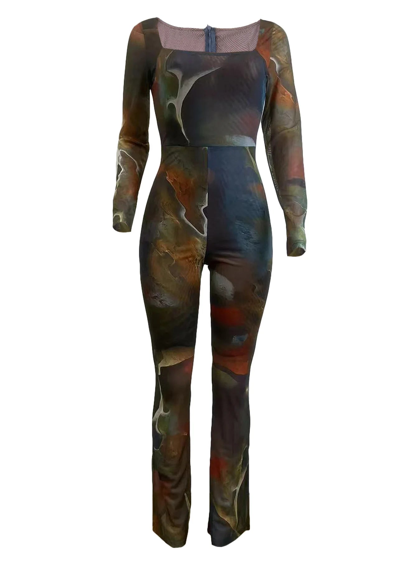 Tie Dye Print Mesh Long Sleeve Bodycon Overalls Jum[psuit