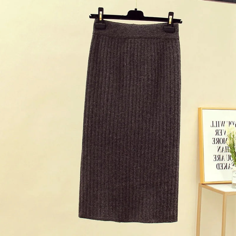 Stylish Knitted Slim Elastic High Waist Split Wrap Skirt Autumn Winter Skirts