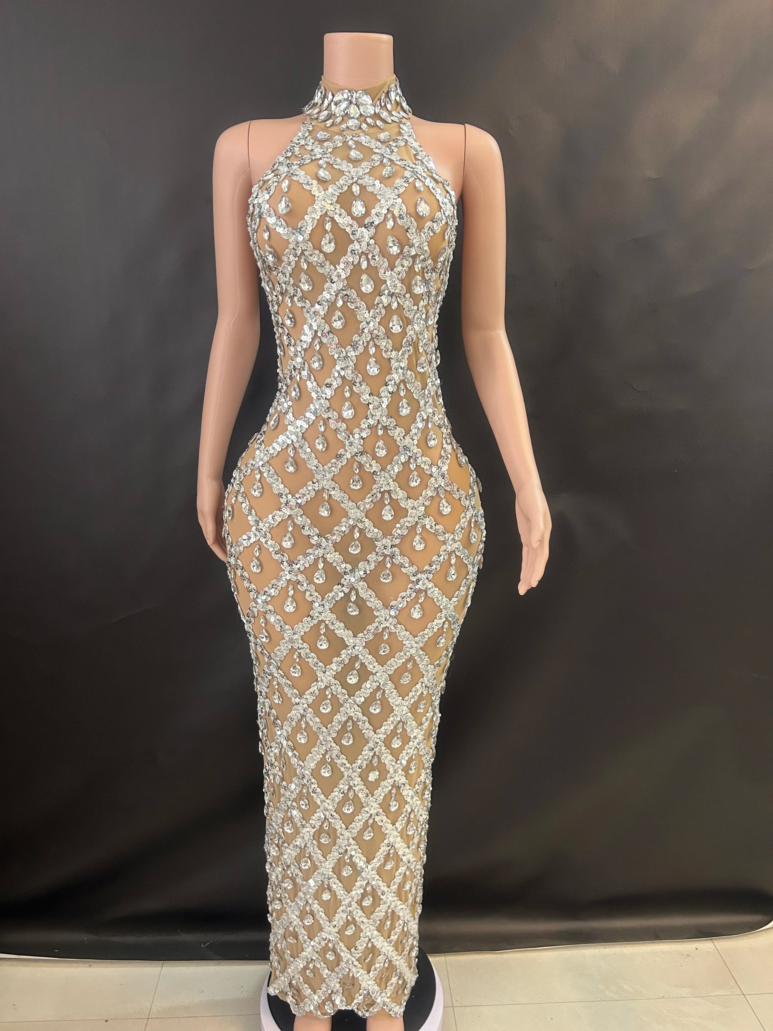 Prom Birthday Dress Transparent Rhinestone Sequins Dress