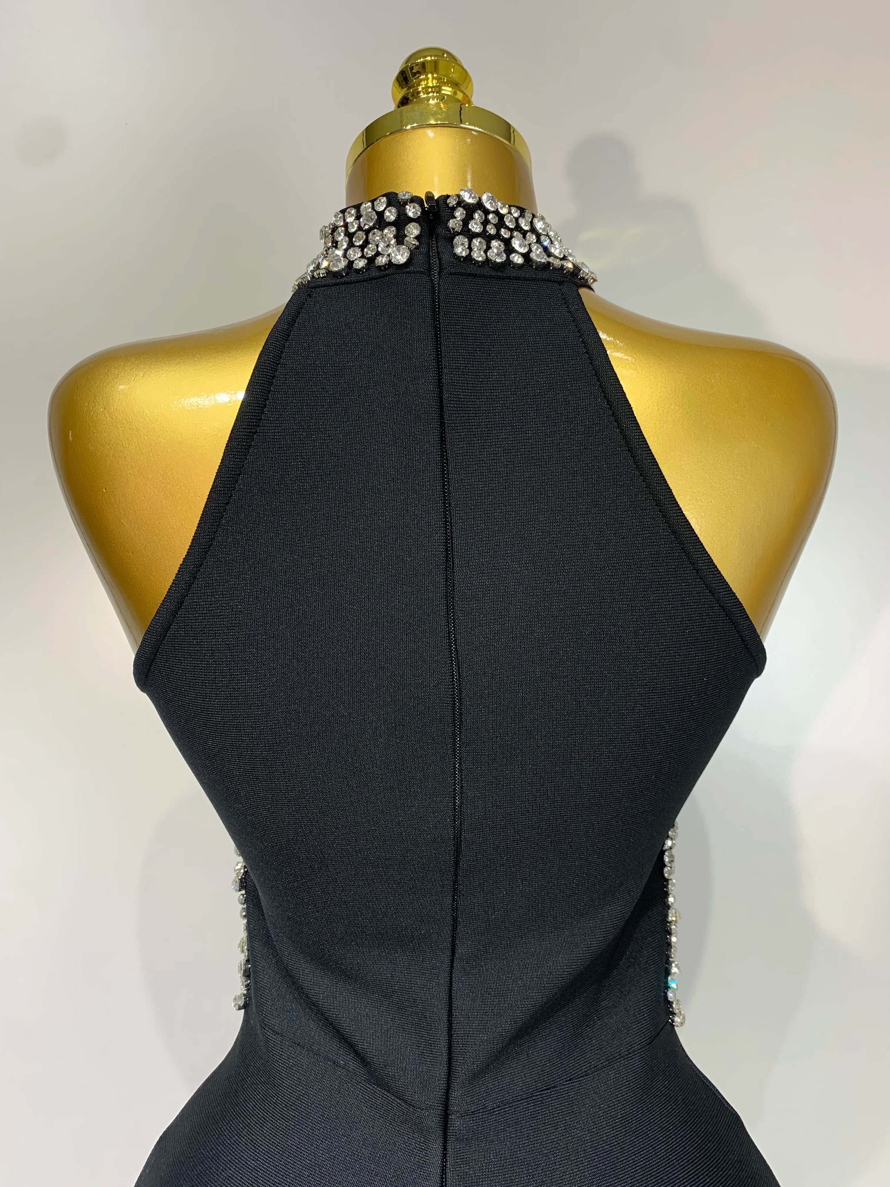 Rhinestone Black Sleeveless Mesh Patchwork Bodycon Bandage Elegant Dresses