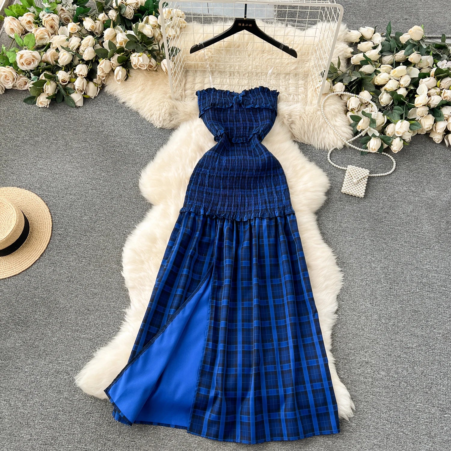 Strap Off Shoulder Sleeveless Elastic Slim Fit Temperament Split Plaid Dresses