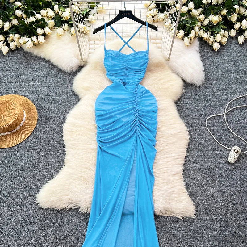 Spaghetti Strap Strapless Sleeveless Folds Split Slim Fit Solid Backless Dress