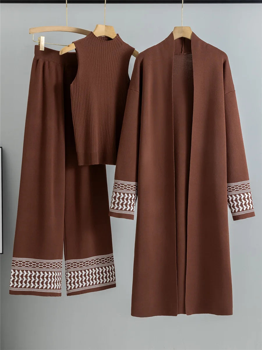 Elegant Knitted 3 Piece Sets Knit Vest Sweater Long Cardigan Tops Conjuntos High Waist Wide Leg Pants Outfit