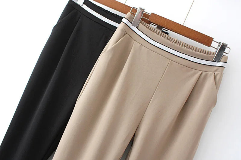 Stripes Elastic Waist Casual Office Lady Calf-Length Trouser