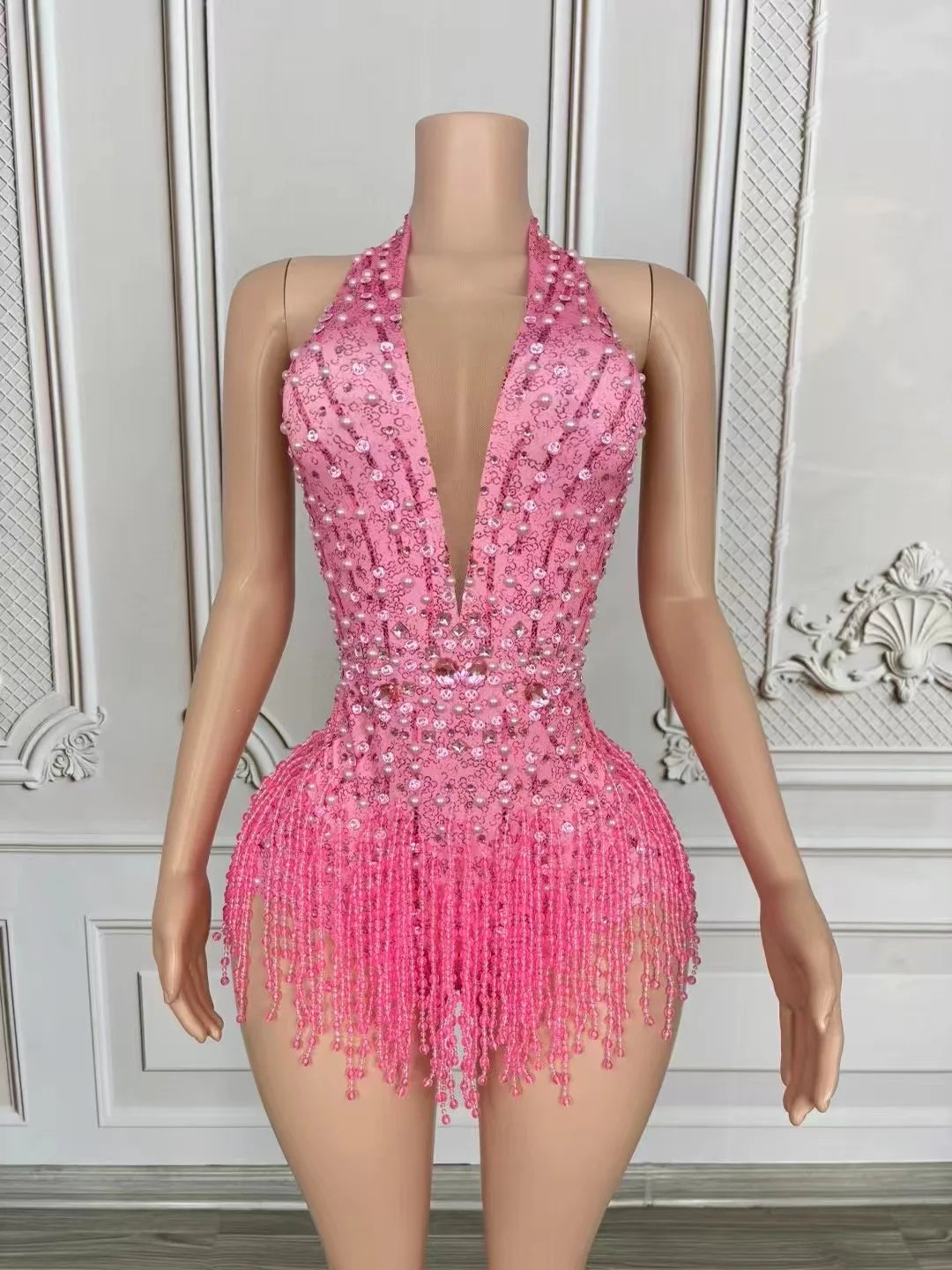 Luxury Deep V Pink Tassel Jumpsuit