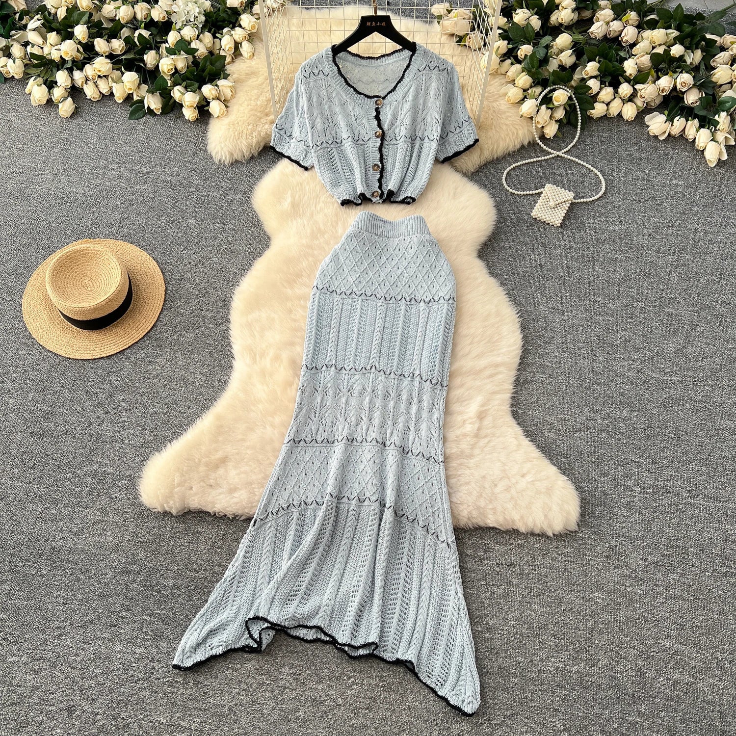 Short Sleeve O Neck Tops+Bodycon Skirt Hook Flower Hollow Two pcs Set