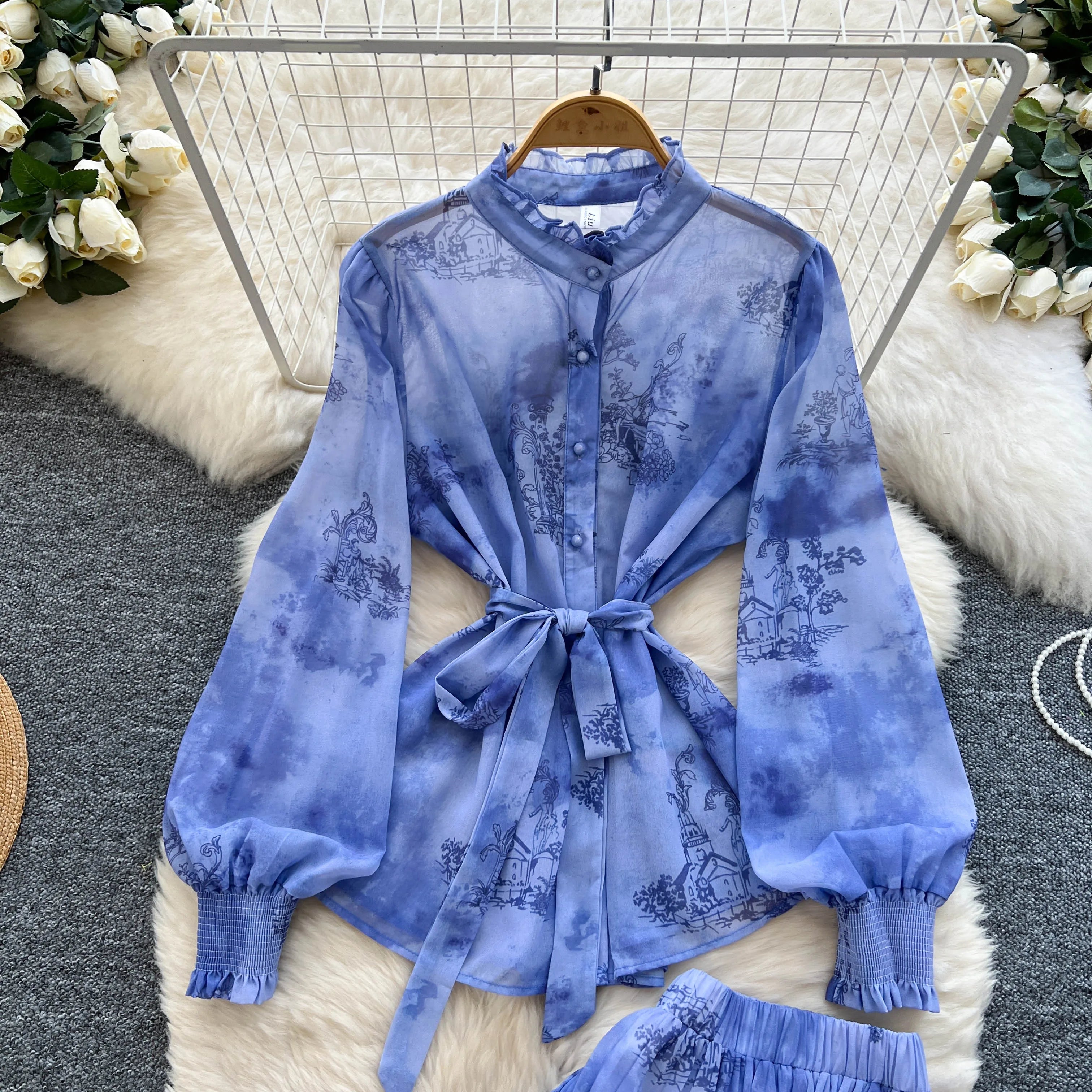 Lantern Sleeves Lace Up Loose Tops+Pleated Skirt Floral Chiffon Sets