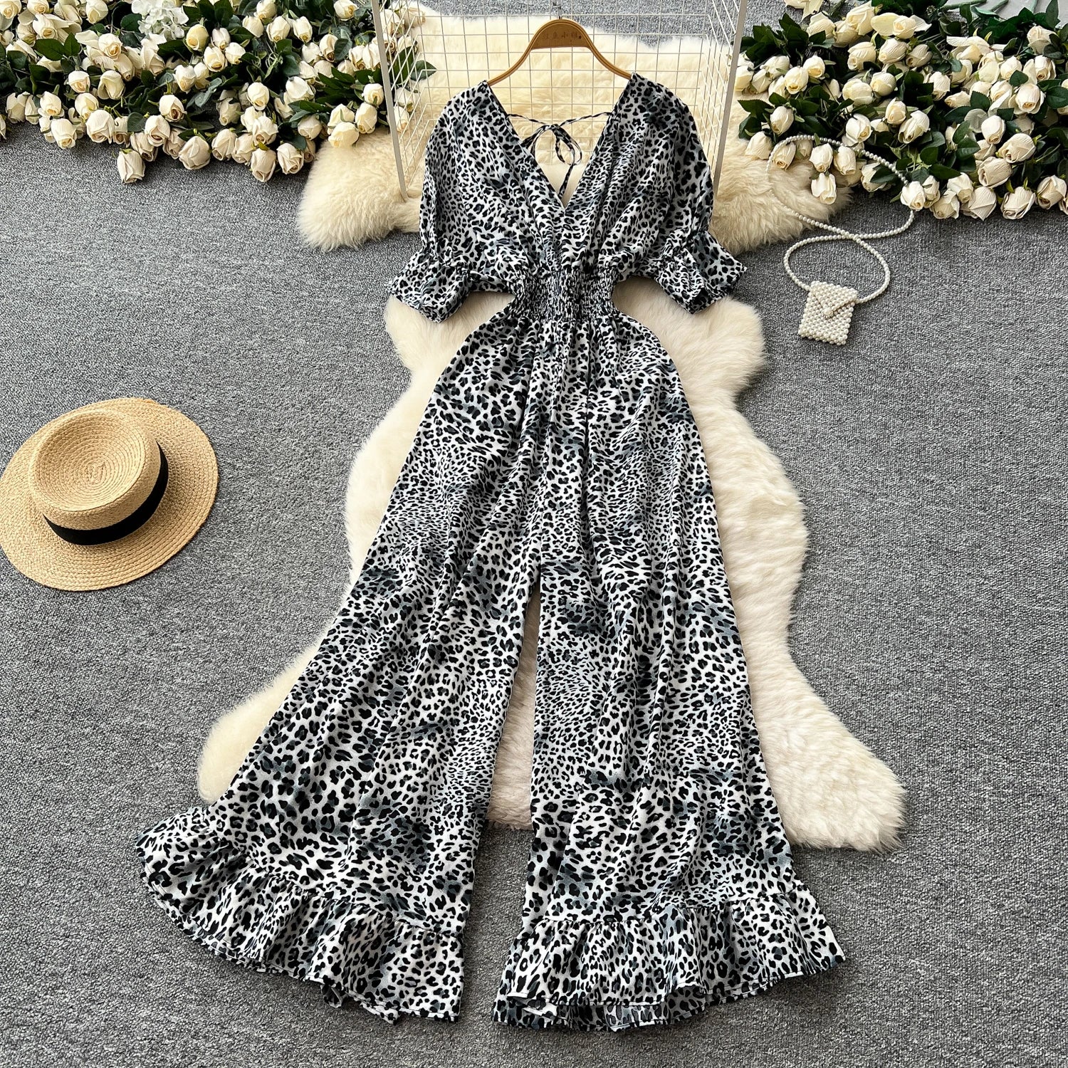 Flared Sleeves Elastic Waist Slim Fit Leopard Print Long Rompers Jumpsuit