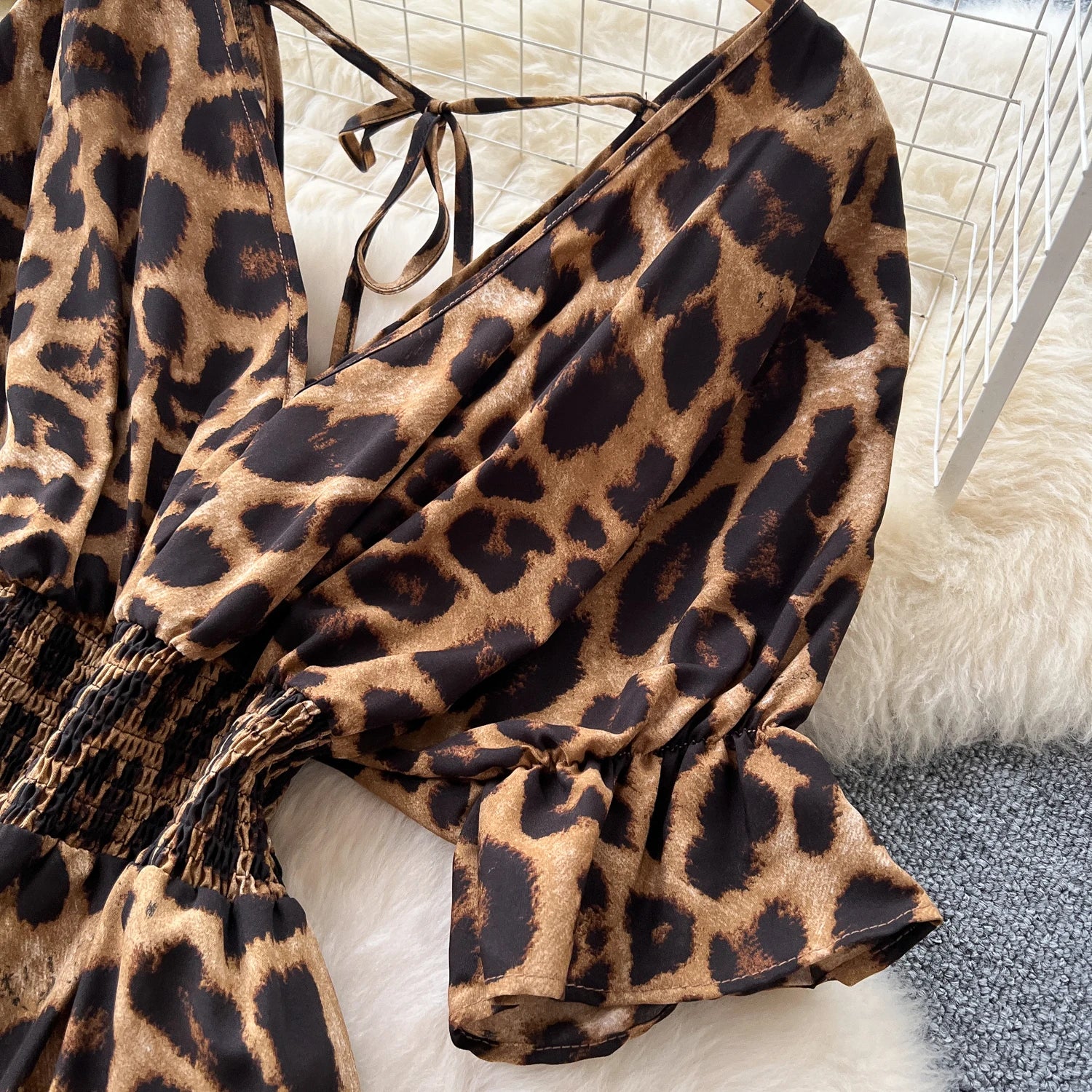 Flared Sleeves Elastic Waist Slim Fit Leopard Print Long Rompers Jumpsuit