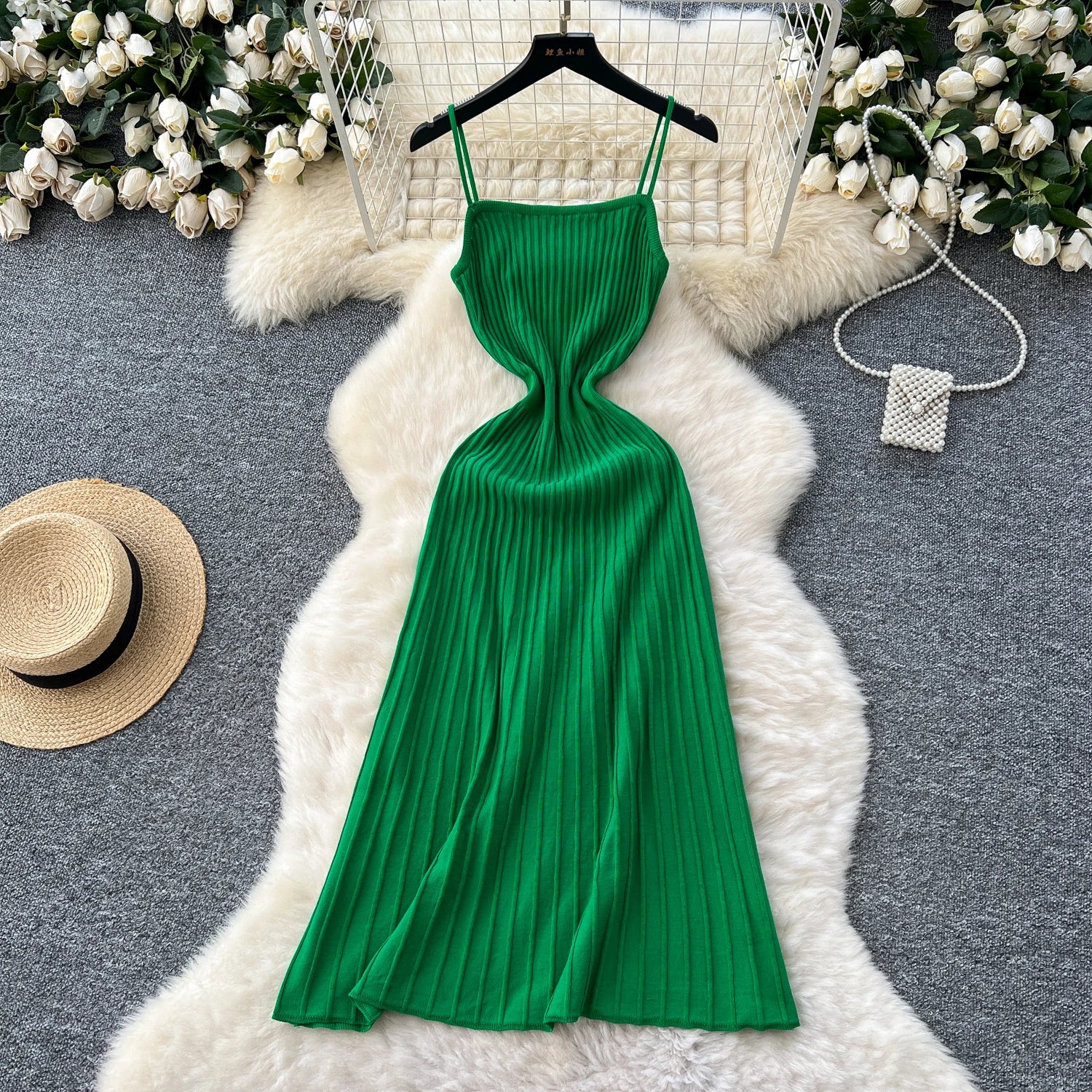 Knit Spaghetti Strap Dress Sleeveless Elastic Waist Slim Long Dress