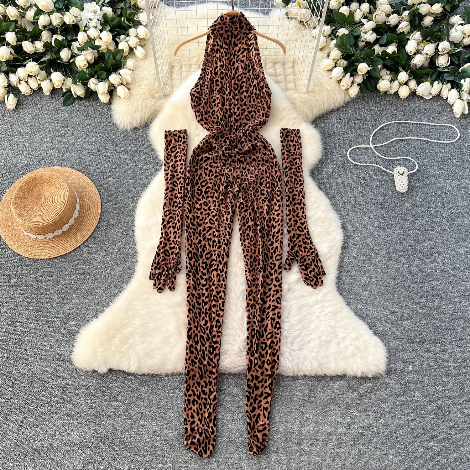 Leopard Print Stand Collar Long Gloves Long Playsuits Jumpsuit