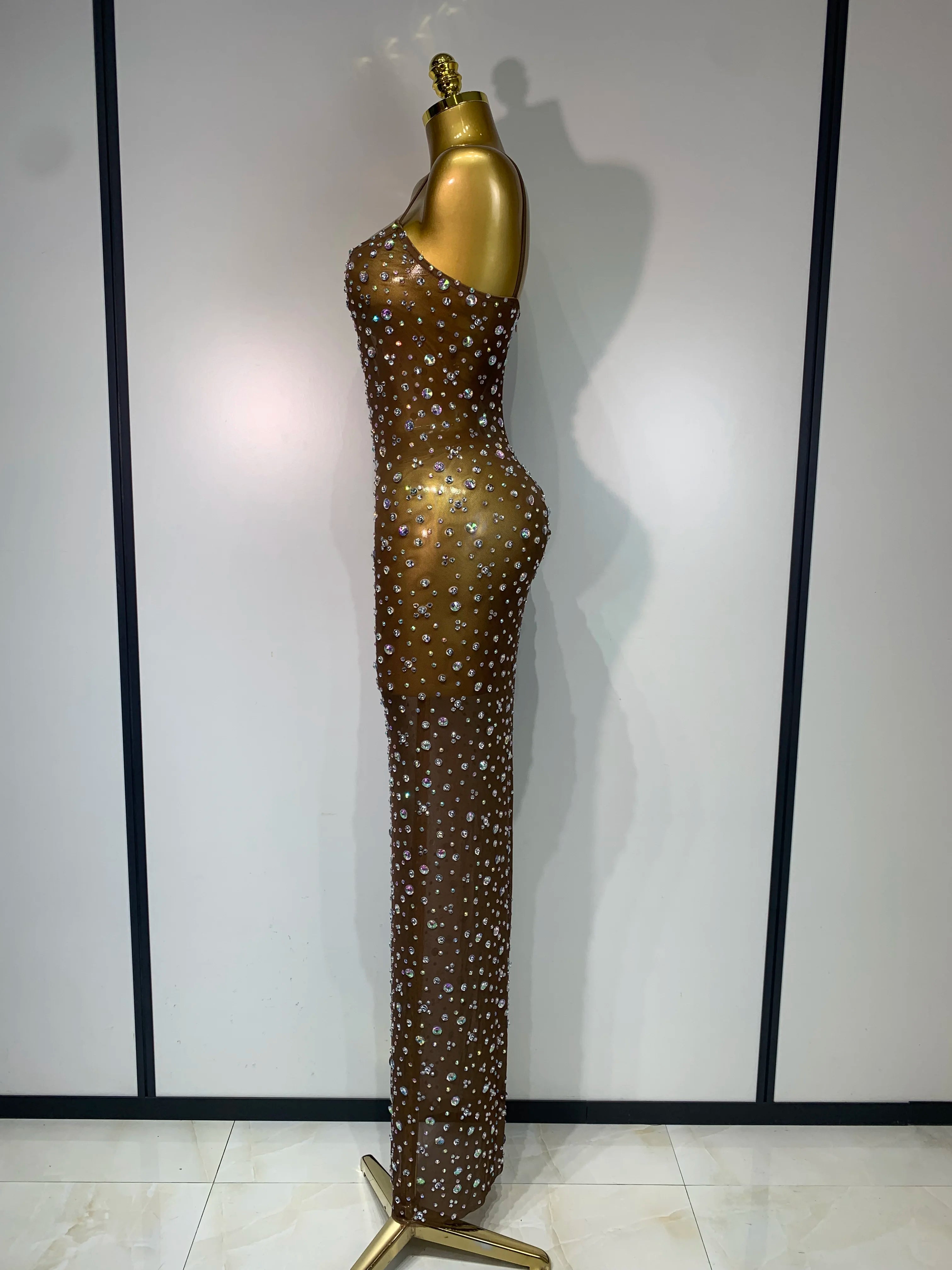 Sparkly Rhinestone See through Mesh Luxury Dress