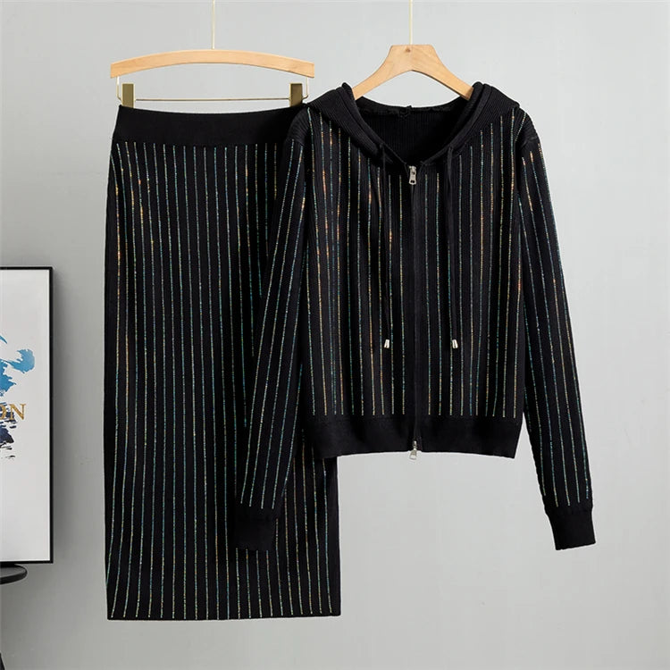 Knitted Cardigan High Waisted Wrapped  Skirt 2 Piece Set