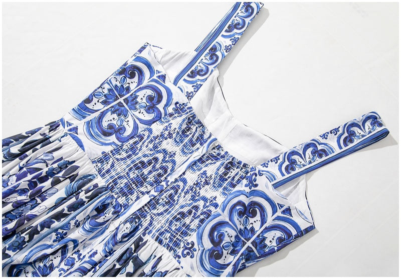 Blue And White Porcelain Flower Print Spaghetti Strap Dress