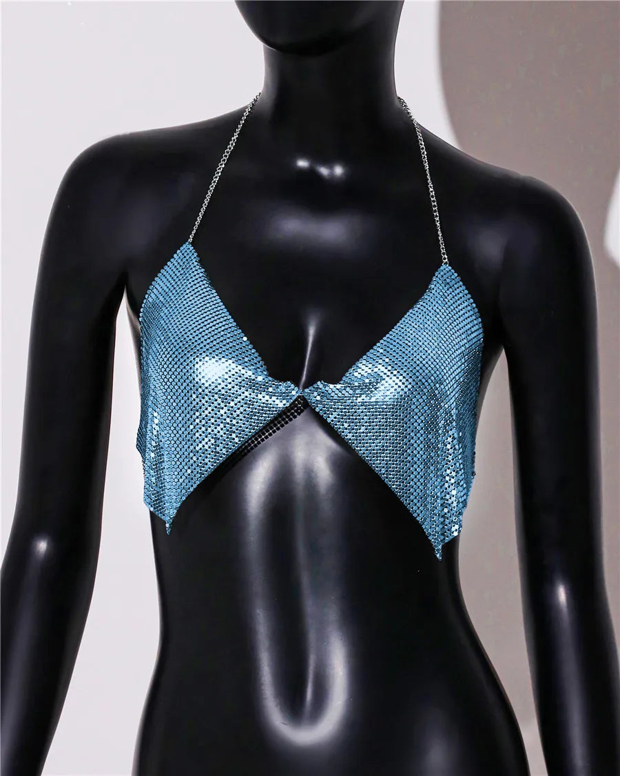 Metal Sequins Backless Halter Crop Top