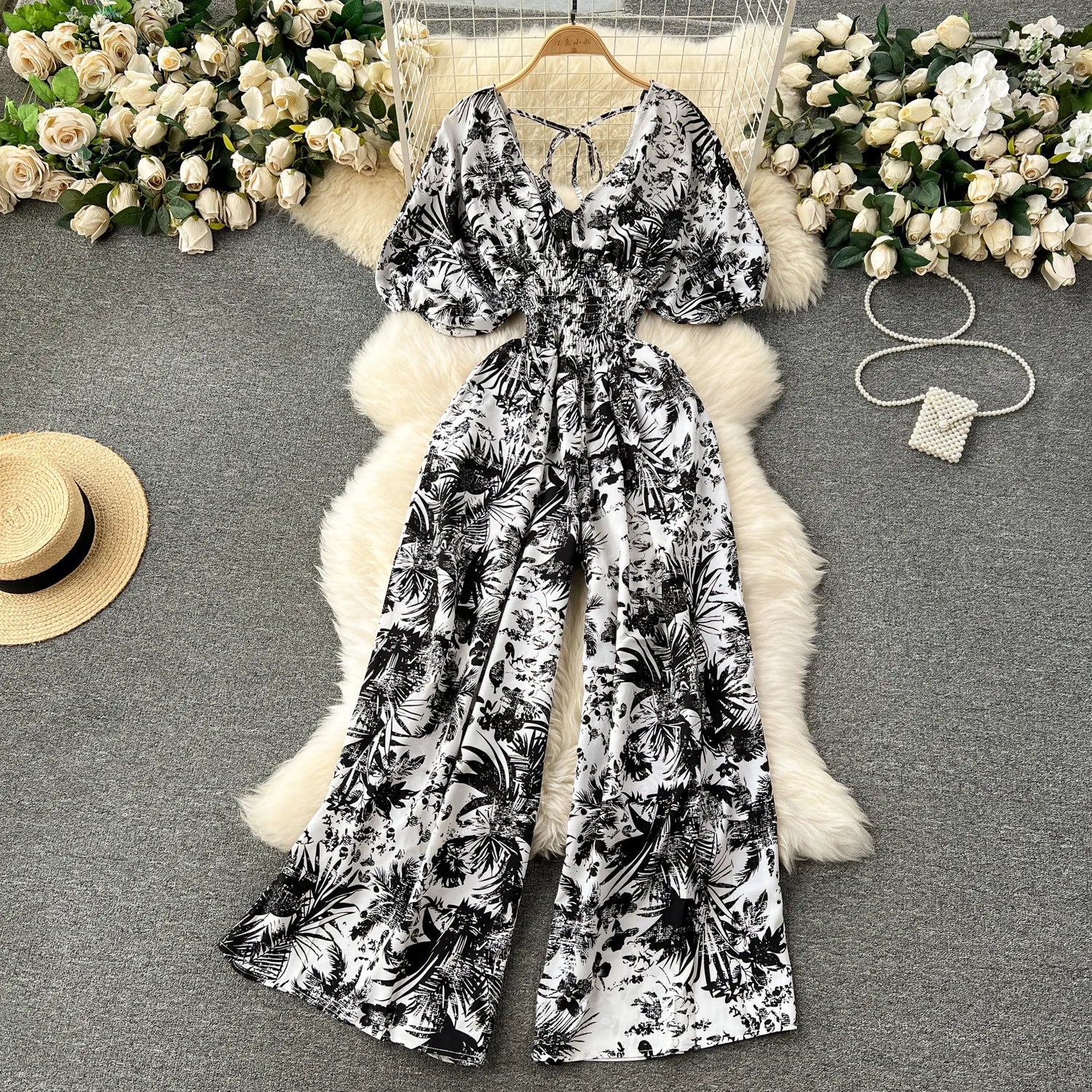 V Neck Dolman Sleeves Floral Print Wide Leg Jumpsuit