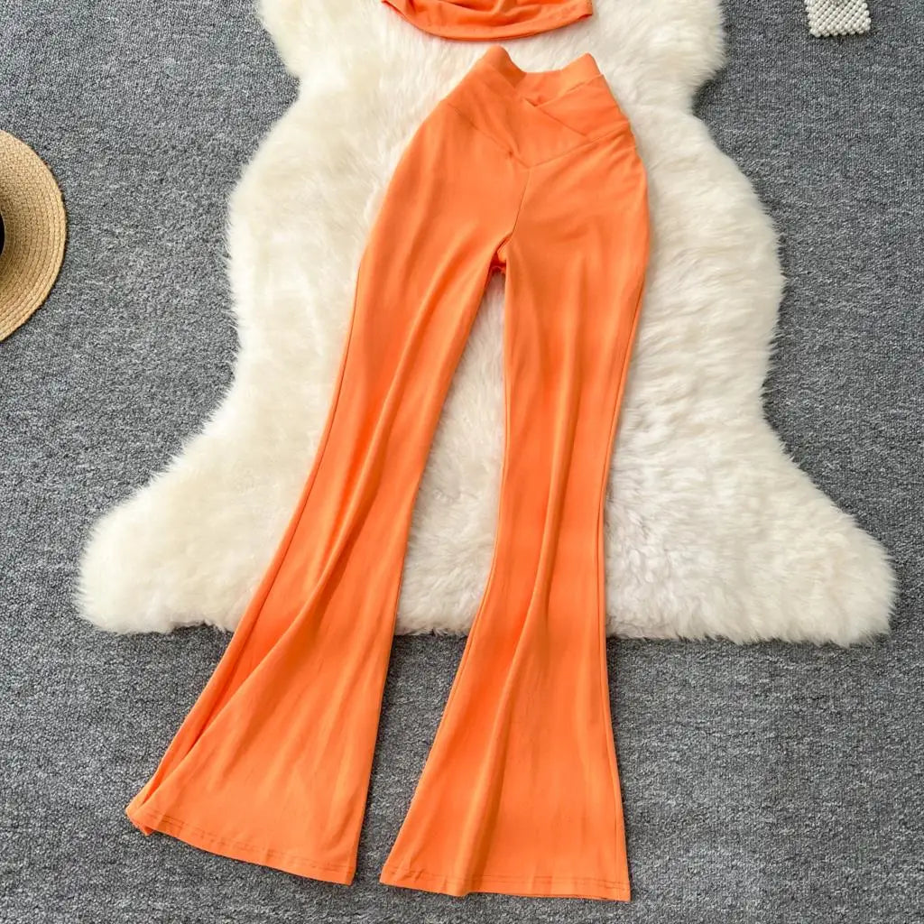 Two Pieces Sets Elegant Chic Skew Collar Pleated Tops + High Waist Flare Casual Pants  Outfits