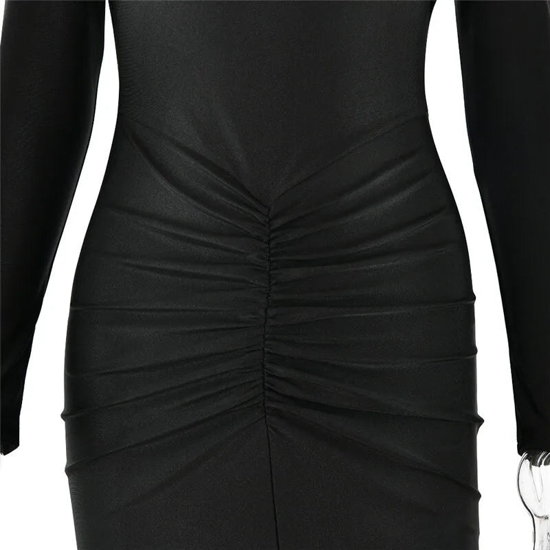 Hollow Out Long Sleeve Maxi Metal Buckle Ruched Slit Long Dress