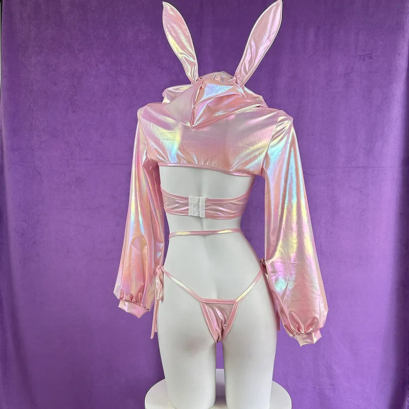 Anime Bunny Pink Laser Patent Leather Bikini Rabbit Costume