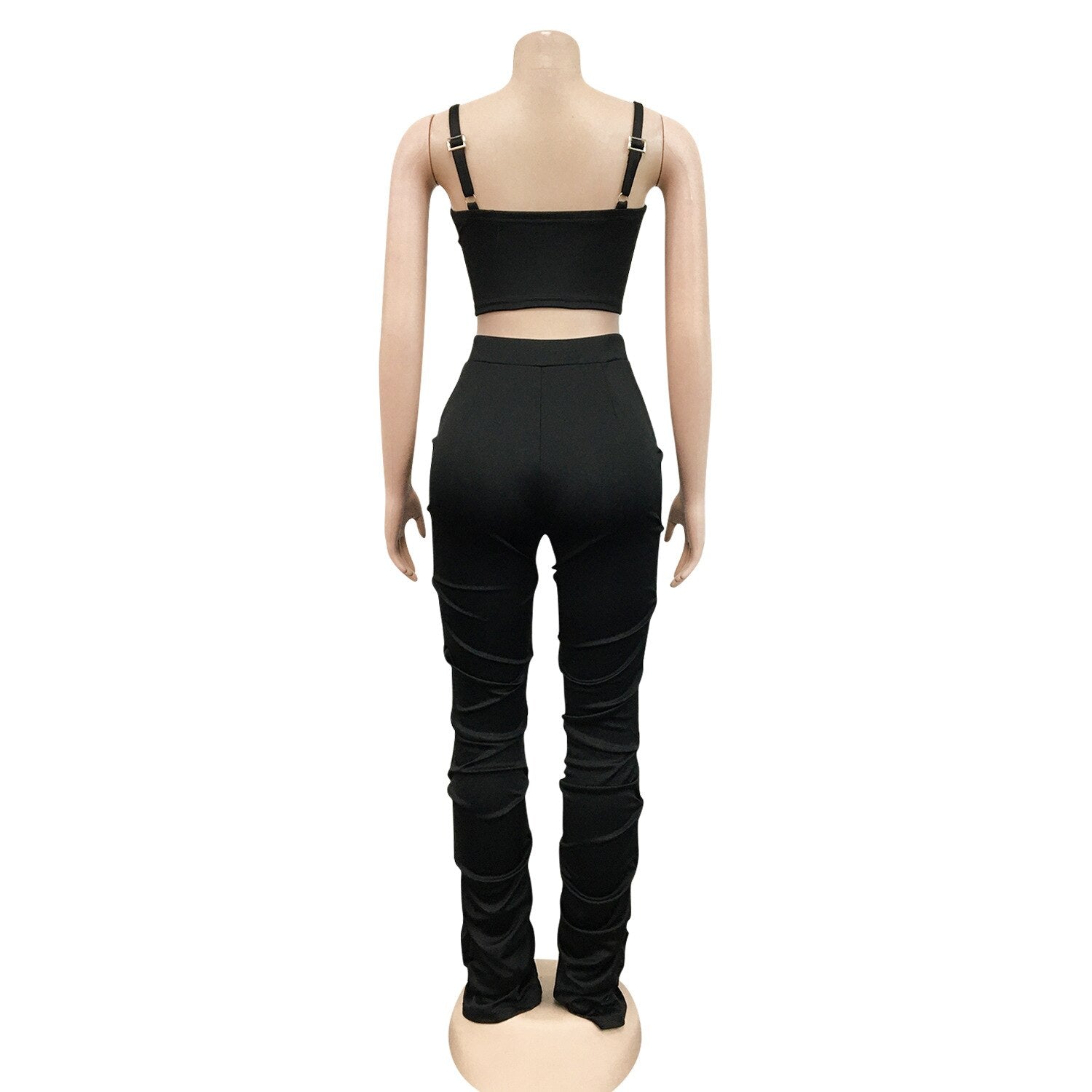 Mesh Patchwork Crop Tops and Stacked Ruched Pants Two piece Set