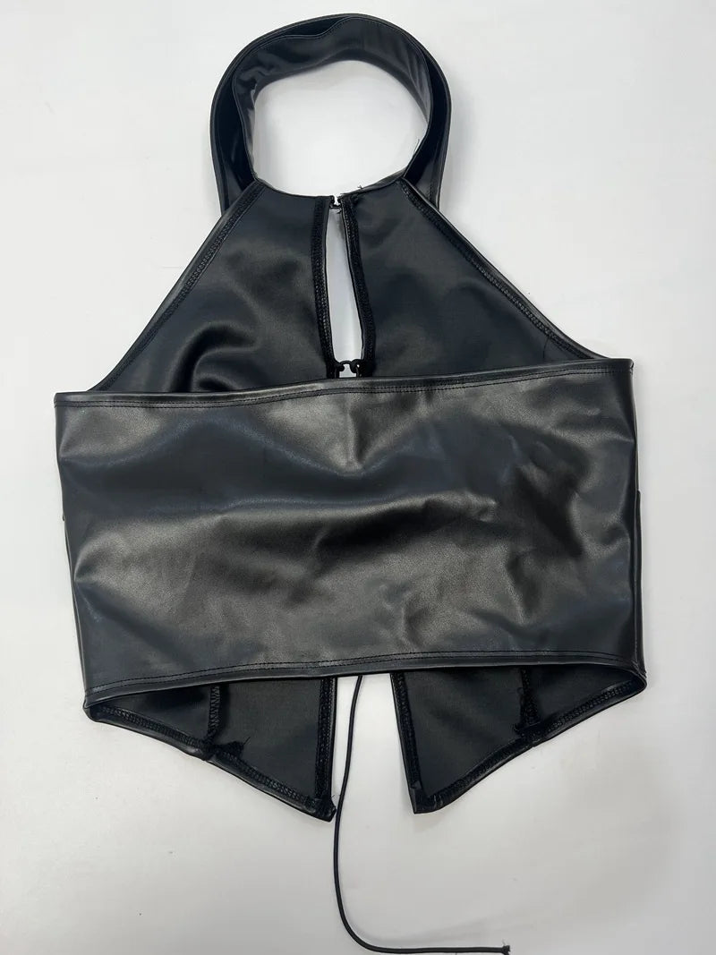 PU Imitation Leather Cross Bandage Hollow Out Halter Crop Tops