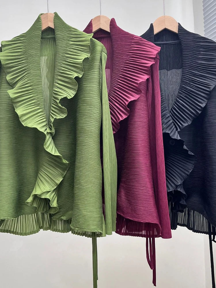 Pleated Ruffles Long Sleeves Patchwork Blouse