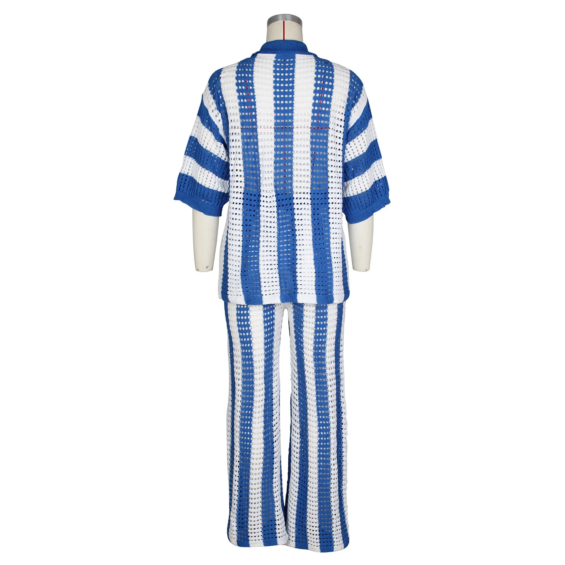 Knitted Striped Hollow Out Top and Wide Leg Pants Matching Sets