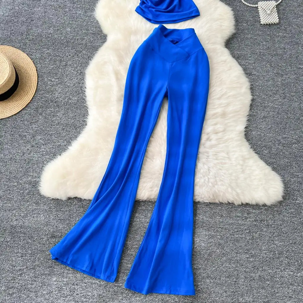 Two Pieces Sets Elegant Chic Skew Collar Pleated Tops + High Waist Flare Casual Pants  Outfits