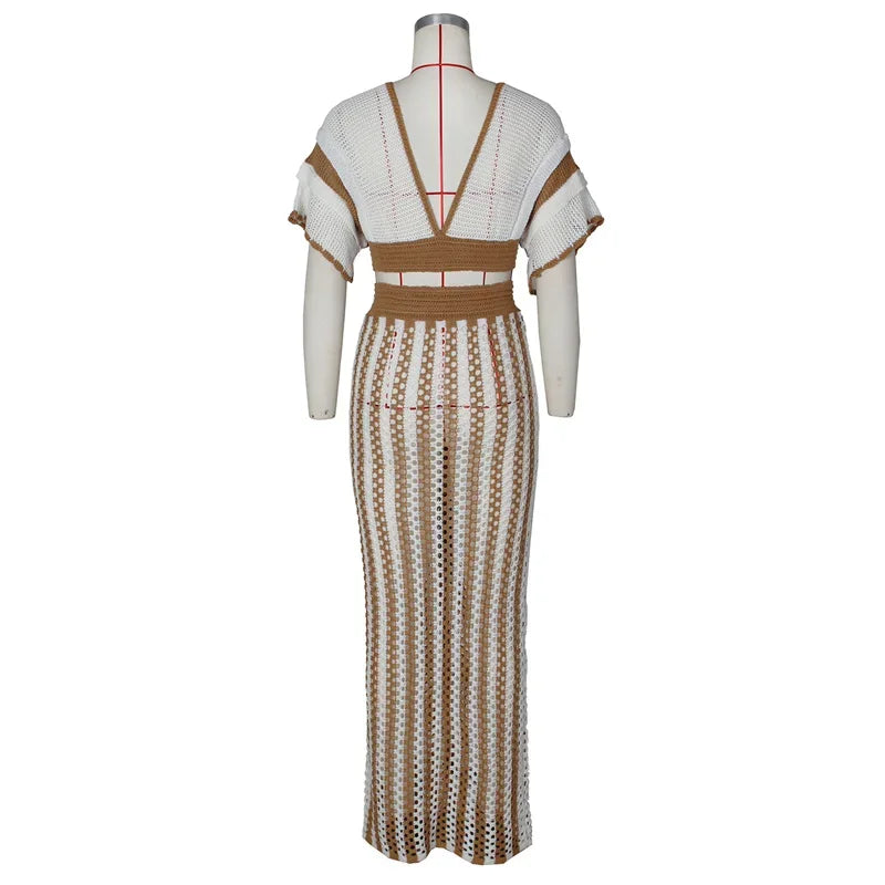 Striped Knitted Two Piece Set Y2K Hollow Out V-neck Crop Top and Long Skirt