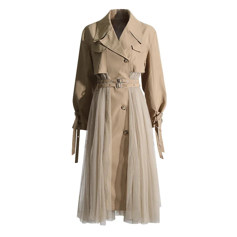 Loose Mesh Stitching Casual High Waist Long Trench Coat