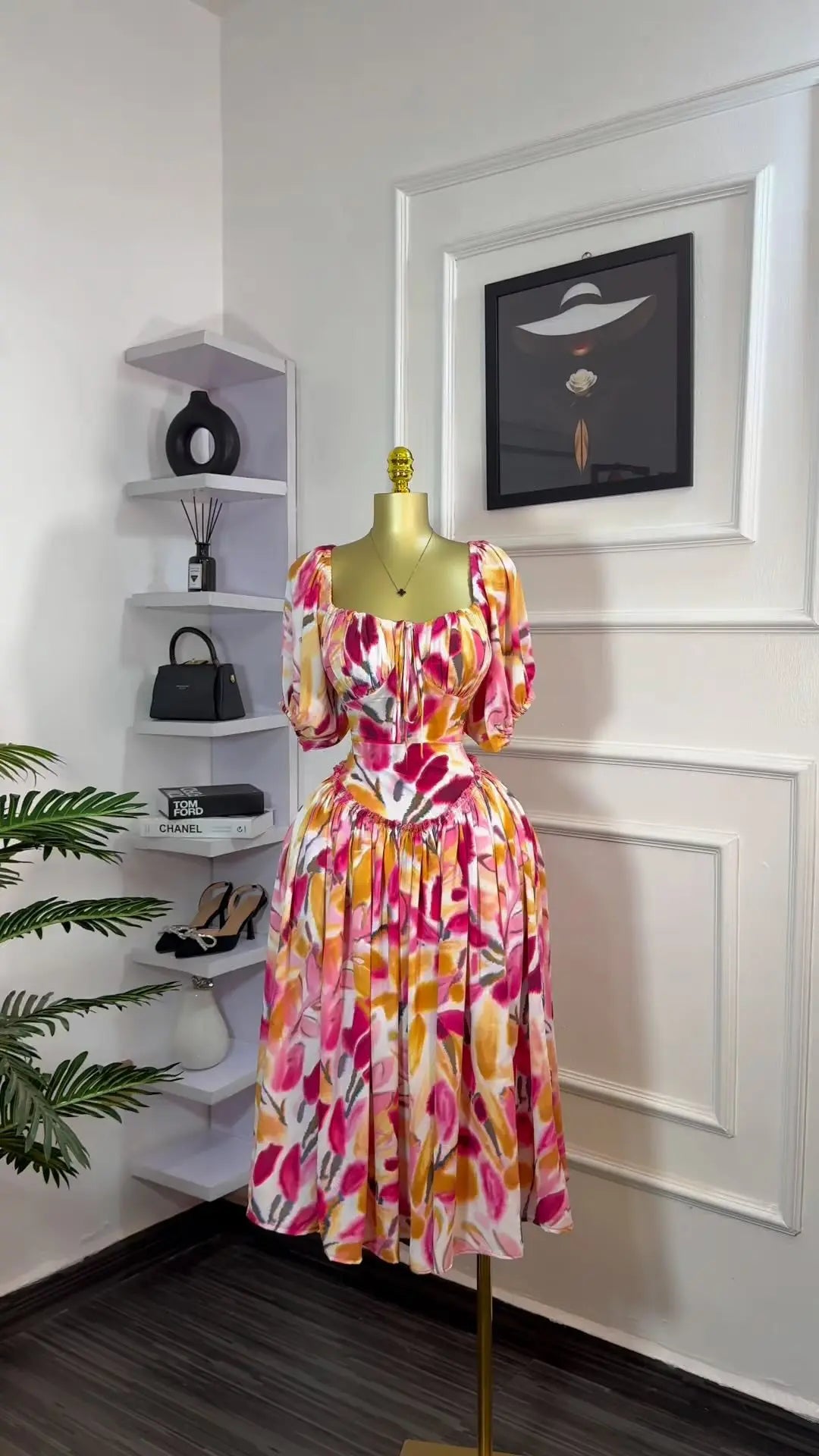 Tulip Floral Printed Lantern Short Sleeve High Waist Dresses