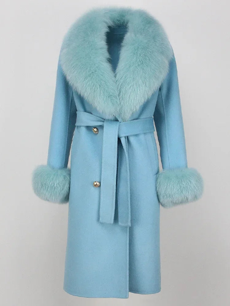 Real Fur Natural Wool Blends Cashmere Double Breasted Belt Warm Coat