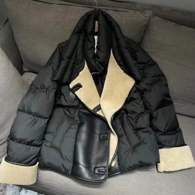 Down Coats Leather Short Puffer Jacket Fleece Thick Warm Windproof Parkas