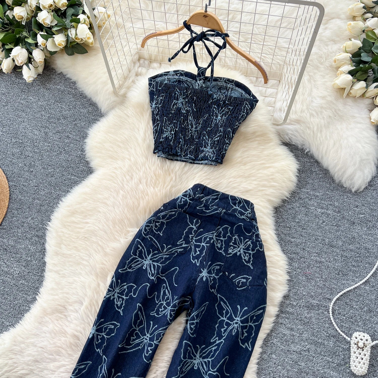 Butterfly Print Denim Two Pieces Sets Halter Strapless Slim Camis+Wide Legs Long Pant Suits