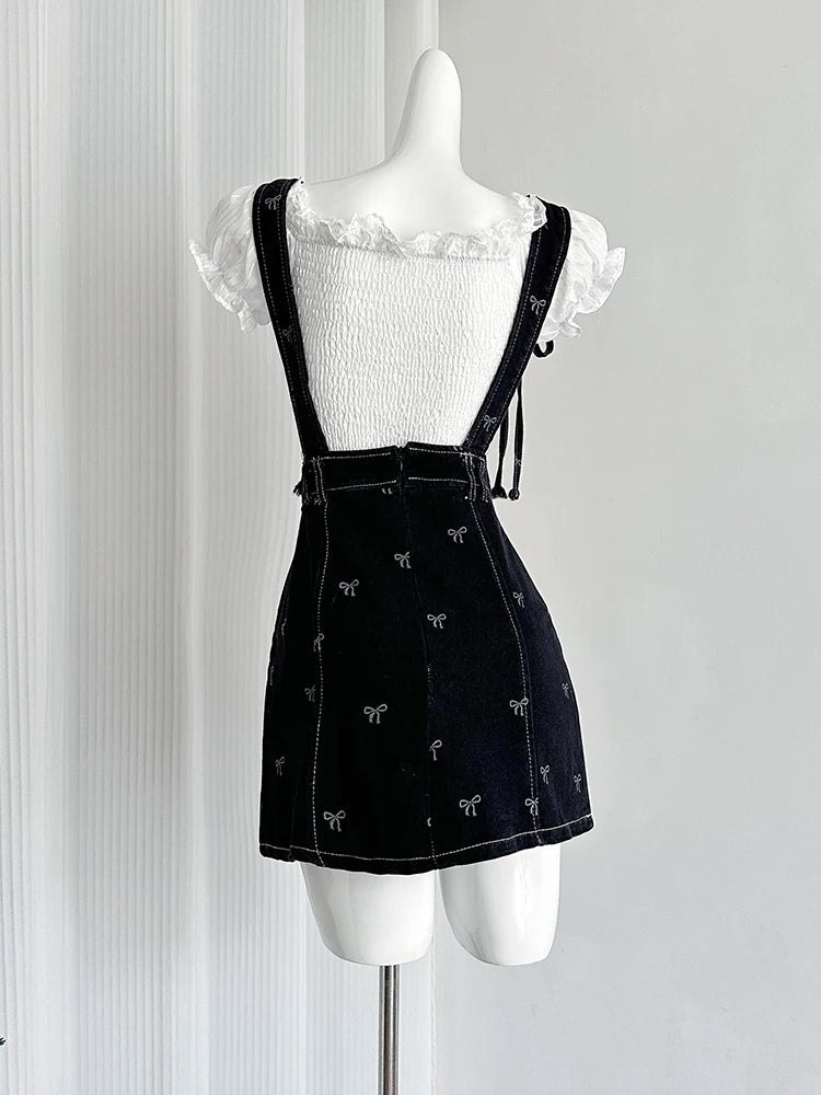 Korean 2000s 2 Piece Set Short Sleeve Crop Top + Mini Halter Dress