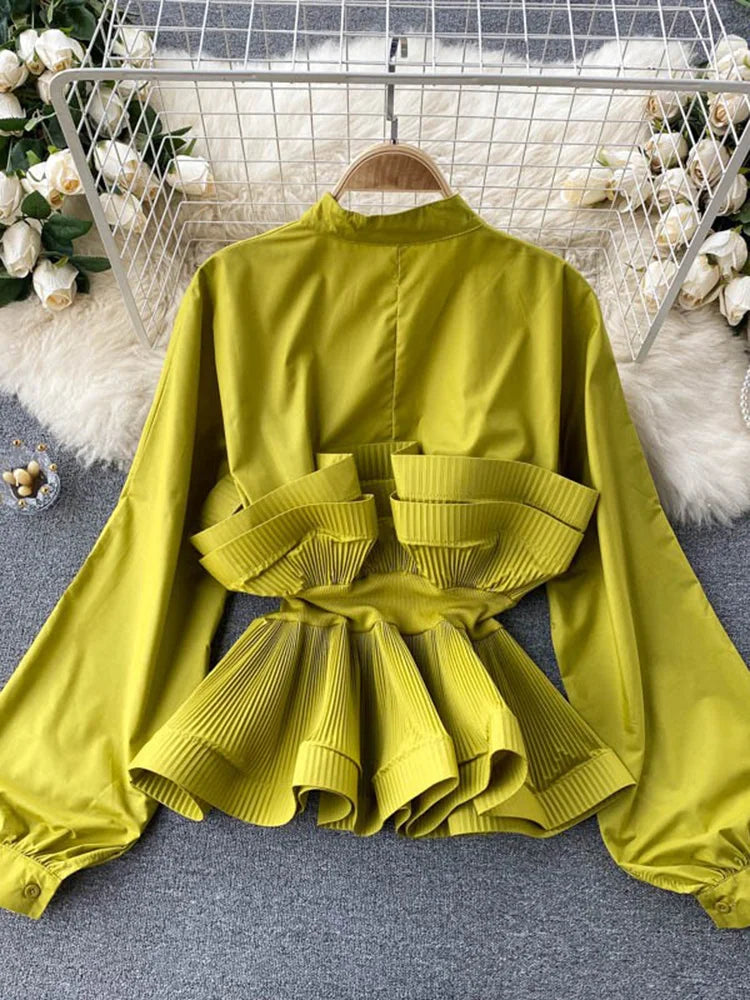 Puff Long Sleeve Pleated Ruffle Y2k Top Blouse