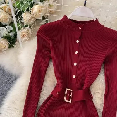 Elegant Casual Knit Belt O Neck Button Long Sleeve Solid Elastic Waist Slim Winter Sweater Dresses