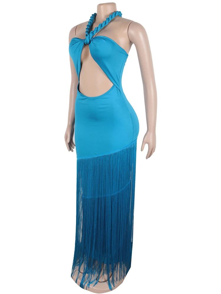 Halter Neck Cut-Out Tassels Night Out Dress