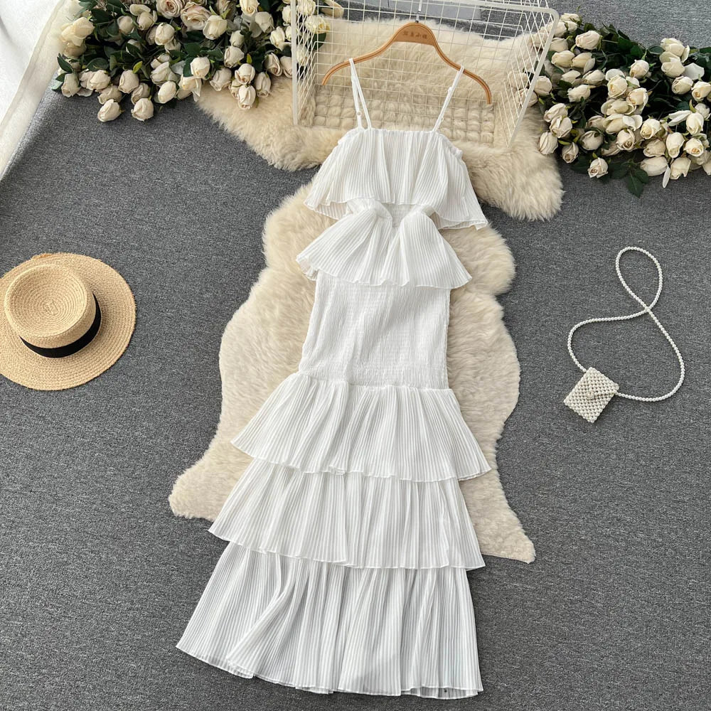 Ruffles Pleated Strapless Sleeveless Slim Dress