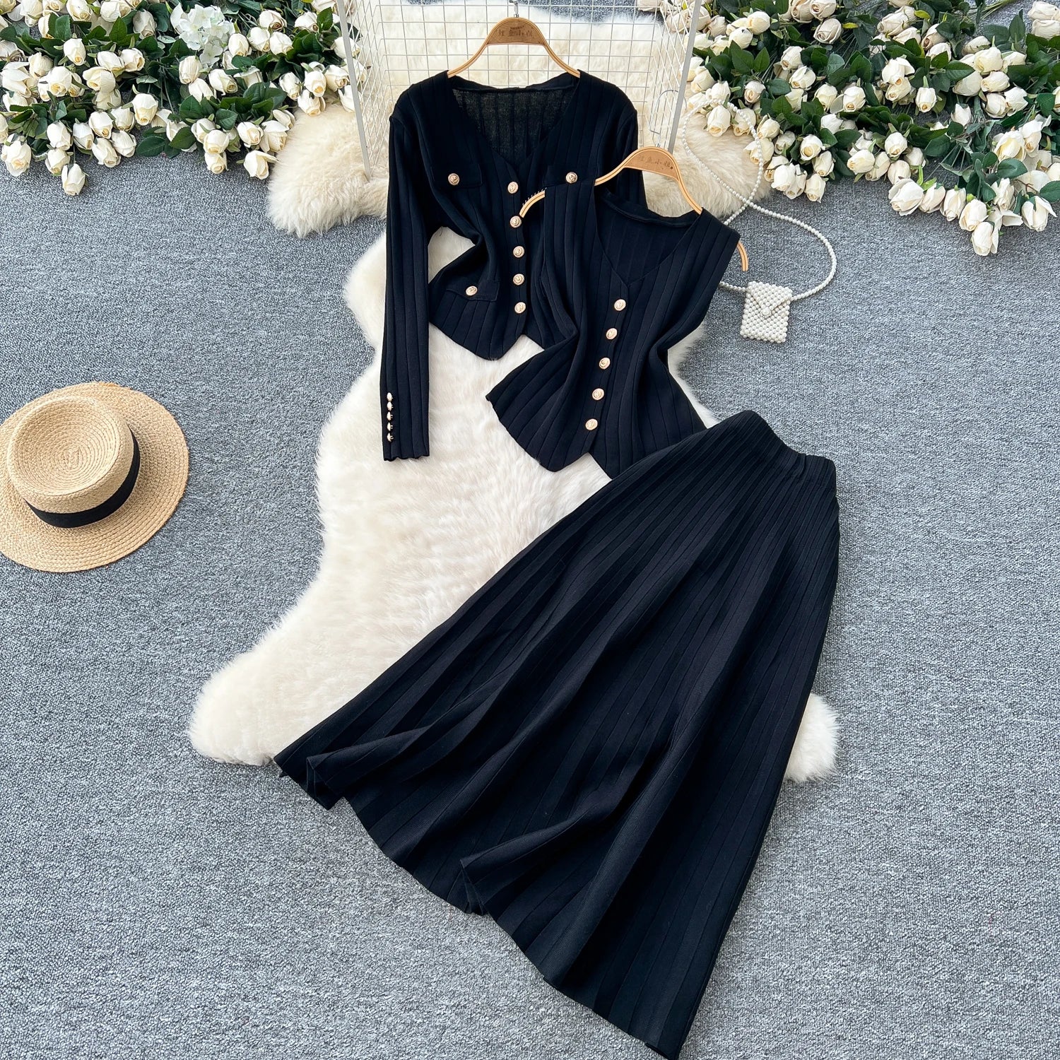 Knitted Full Sleeves Tops+Single Breasted Tank Tops+Elastic Waist Skirt  Suits