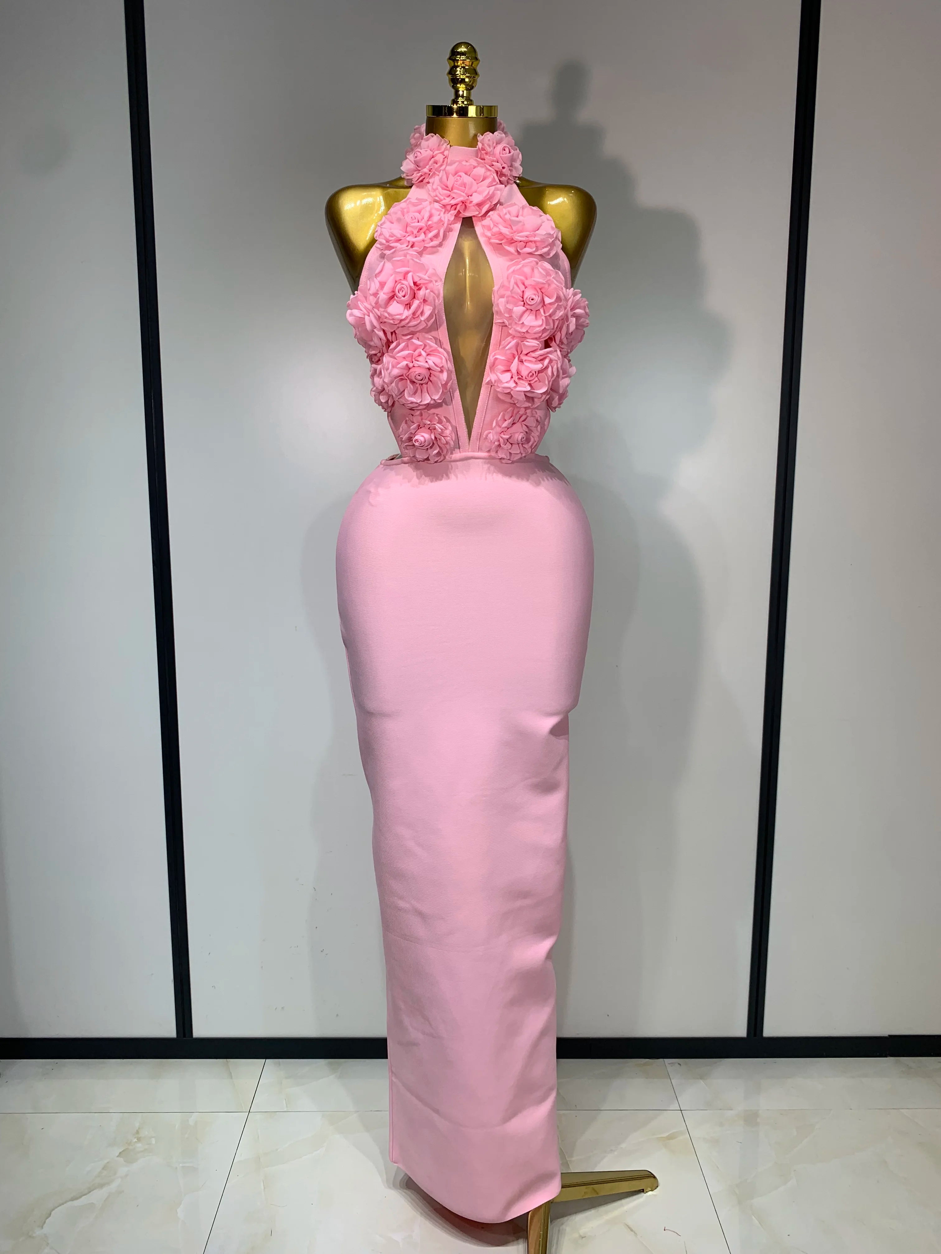 Halter Hollow Out Flowers Bodycon Bandage Luxury Dress