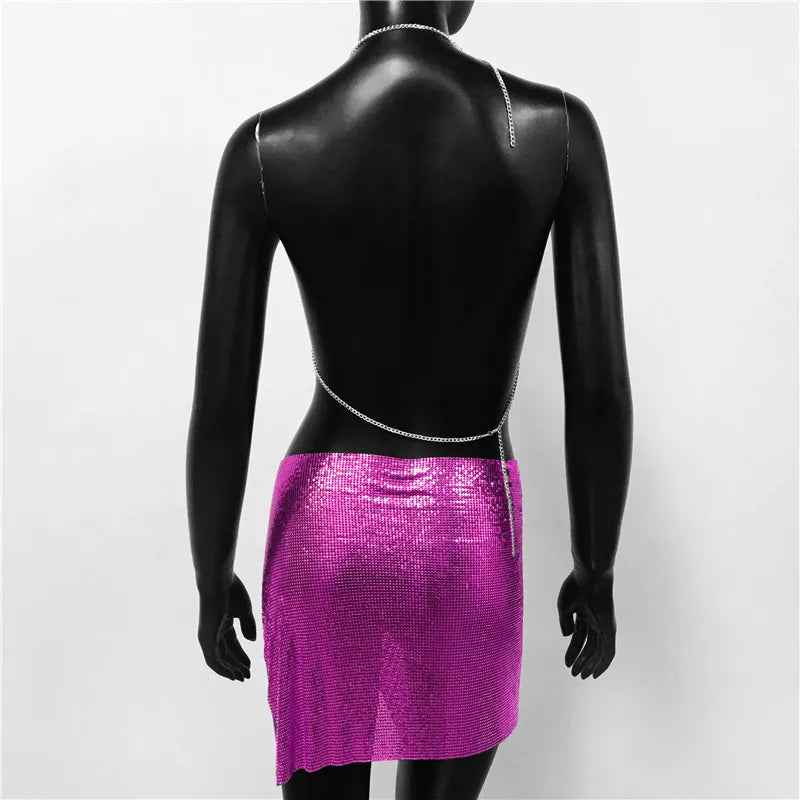 Metal Sequins 2 Piece Set Backless Halter Tank Tops Split Mini Skirts