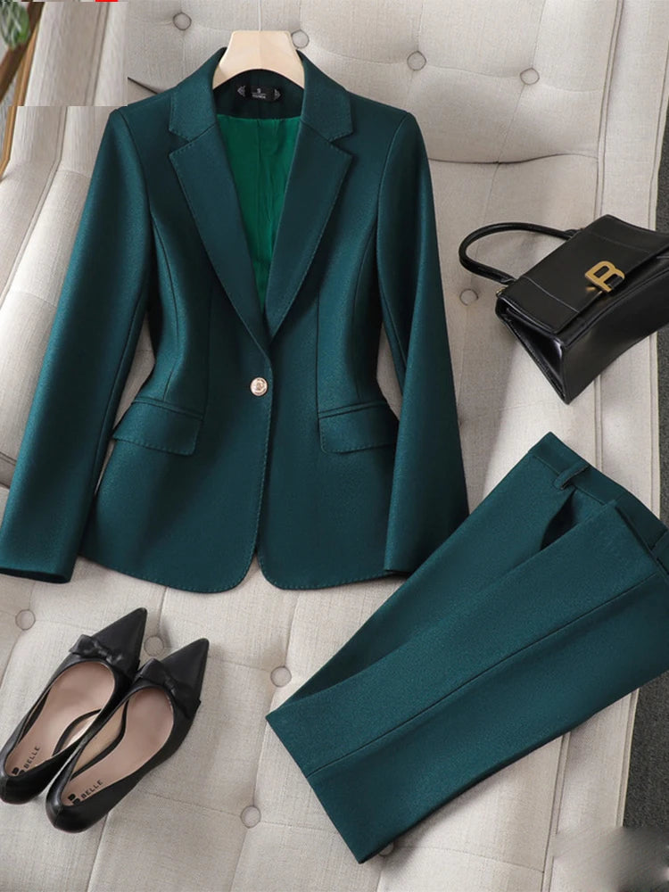 Two Piece Sets Turn Down Collar Single Button Blazer Office Ladies Casual Solid Pant Suits