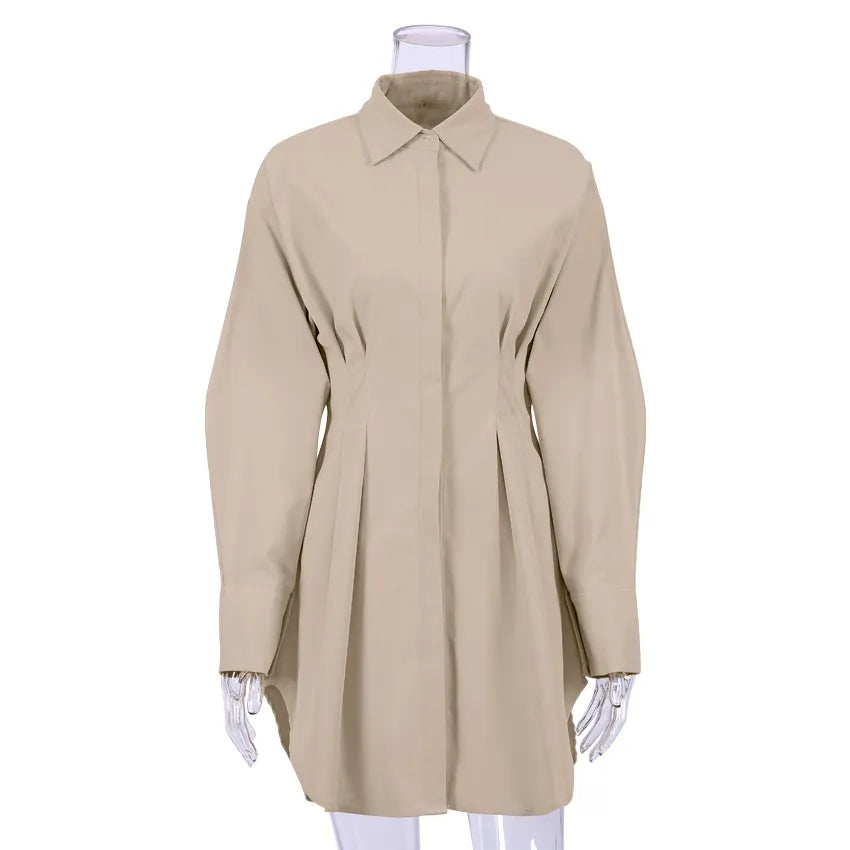 Long Sleeve Pleated Shirt Solid Lapel Casual Mini Dress