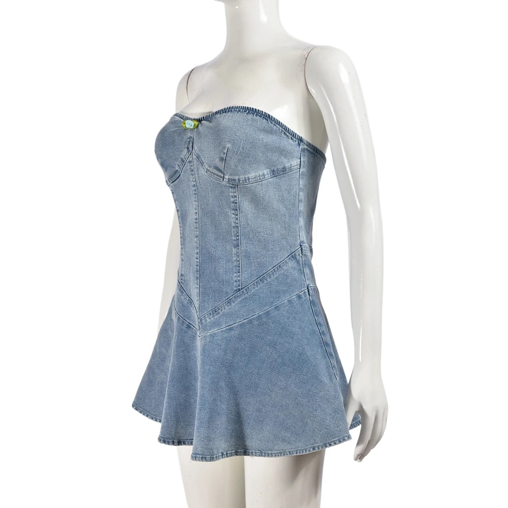 Y2K Vintage Strapless Elastic Sleeveless Backless Pleated Denim Dress