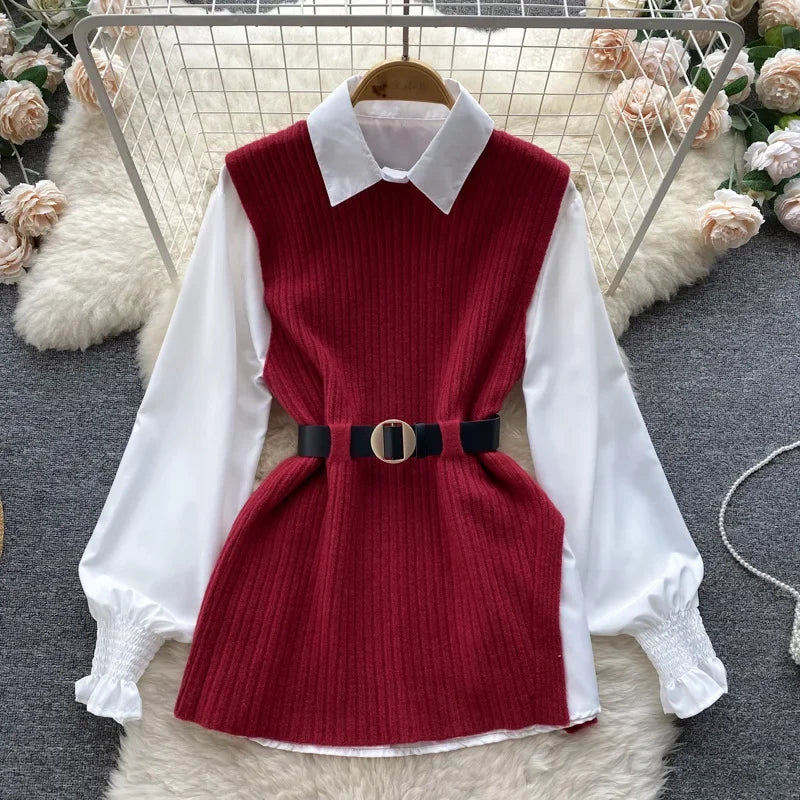 Luxury Style Loose-fit Long Sleeve White Shirt Side Slit Knit Vest 2-piece Set