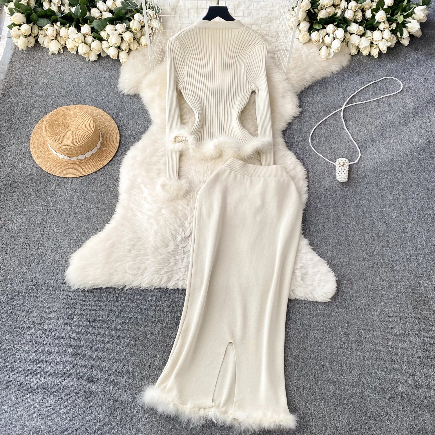 French Style Cardigan+Bodycon Skirt Knit 2pcs Sets