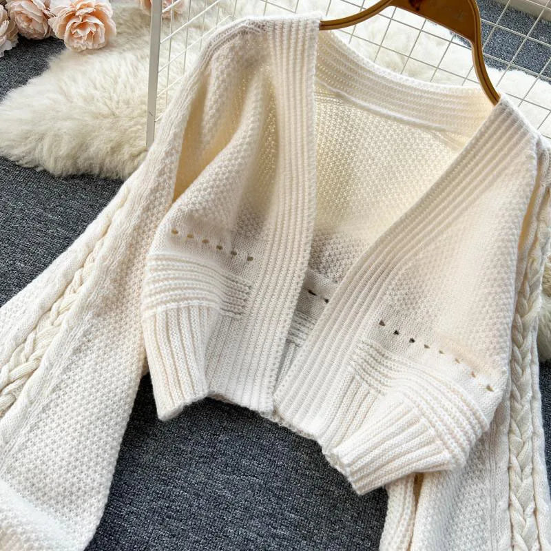 Knitted Crop Cardigans Sweet Winter Korean Elegant All Match Cardigan Lantern Sleeve