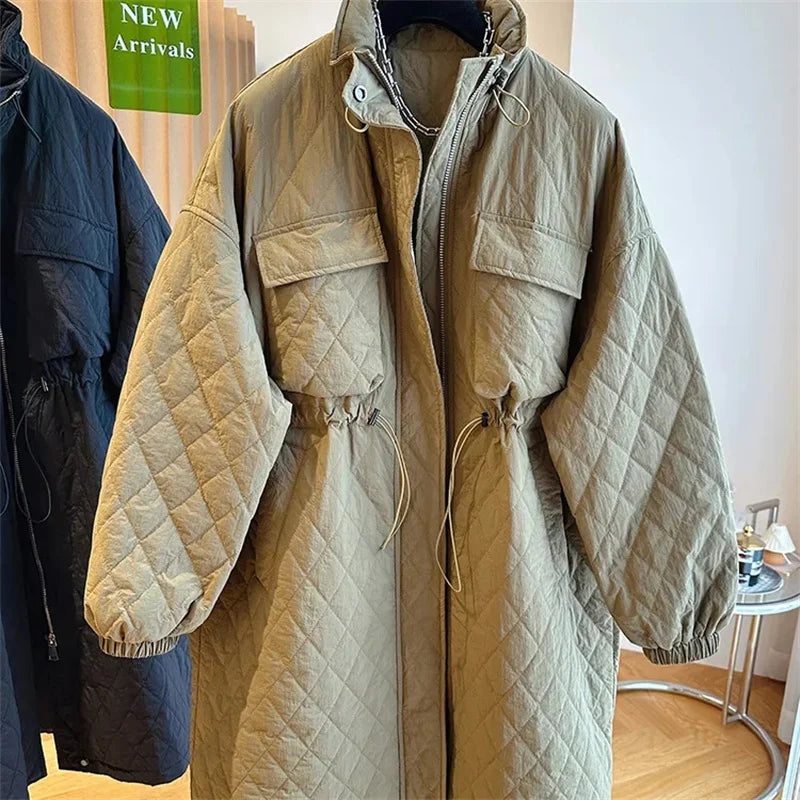 Spring Winter Loose Drawstring Waist Rhombus Cotton-padded Jacket Long Windbreaker Coat With Cotton Jacket